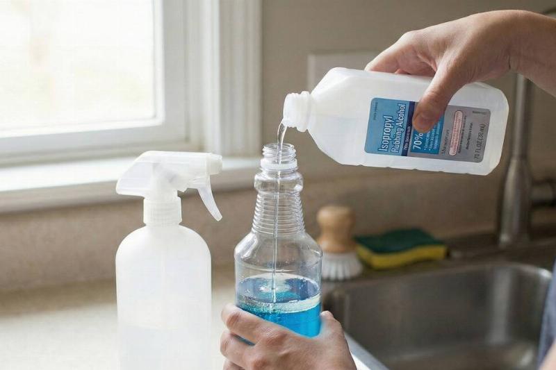 Hands adding rubbing alcohol to the mixture. 
