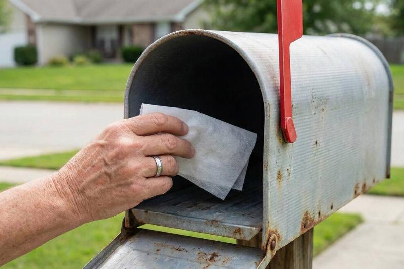 A hand placing a dryer sheet inside of a mailbox. 