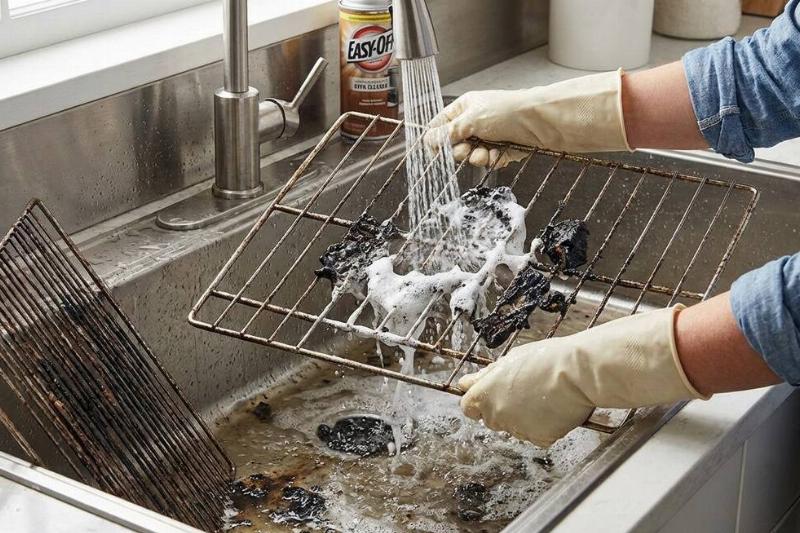 Hands rinsing off oven racks. 