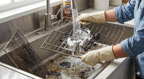Hands rinsing off oven racks. 
