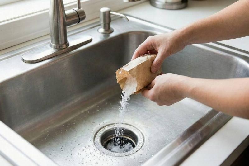 Hands pouring salt down a sink drain.