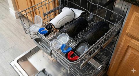 Sports equipment on the top rack of a dishwasher. 