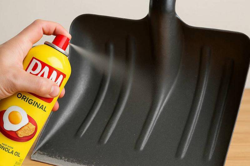 A hand spraying PAM cooking spray on a snow shovel. 