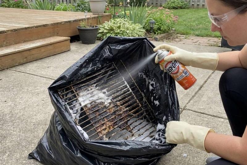 A hand spraying oven cleaner into a bag with oven racks in it. 