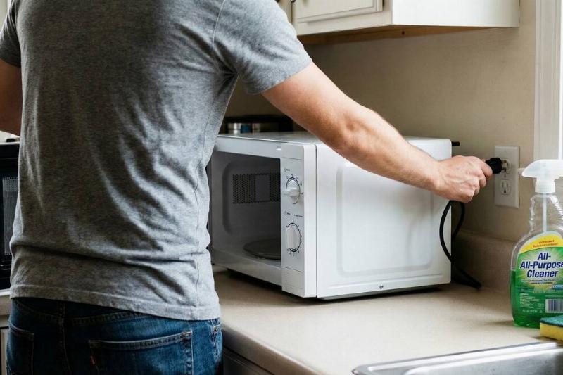 Man unplugging a microwave before cleaning it.