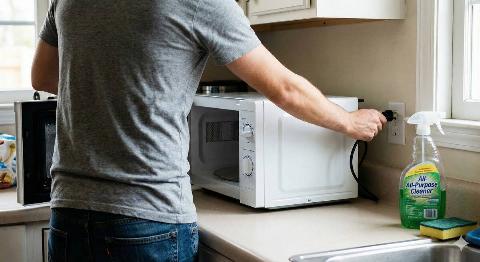 Man unplugging a microwave before cleaning it.