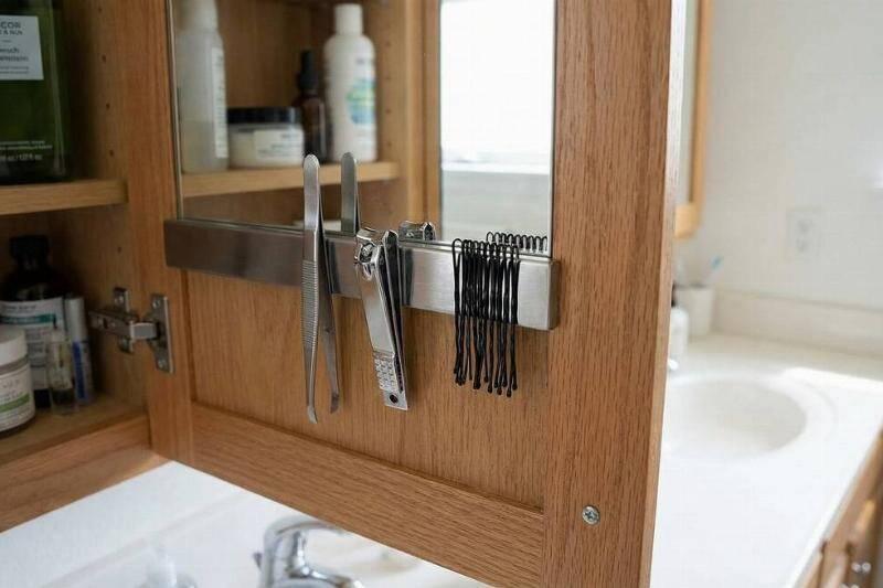 A magnetic strip holding metal tools inside of a vanity. 