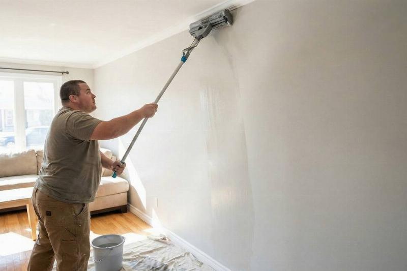 A man mopping walls, starting from the top and working to the bottom.