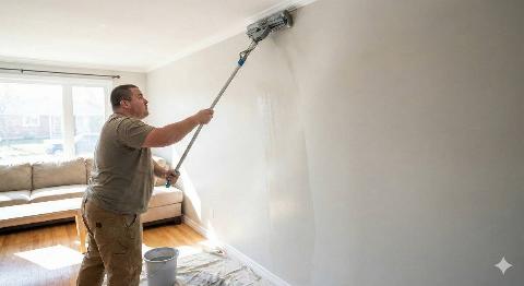 A man mopping walls, starting from the top and working to the bottom.