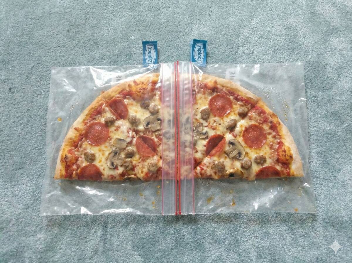 Two Ziplock bags connected to hold half of a pizza.