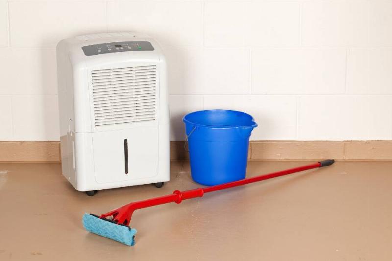 A dehumidifier with a mop and bucket. 