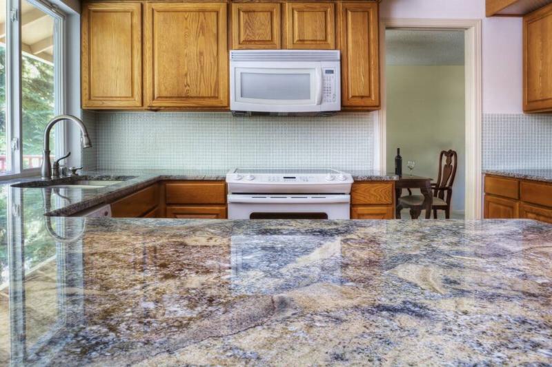 Granite countertops in a kitchen. 