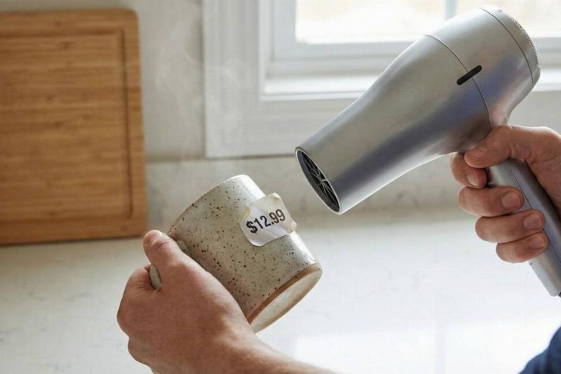 A hair dryer being used to heat up a price sticker on a mug.
