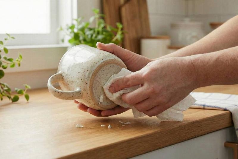 A person using a damp paper towel to wipe off any reside.