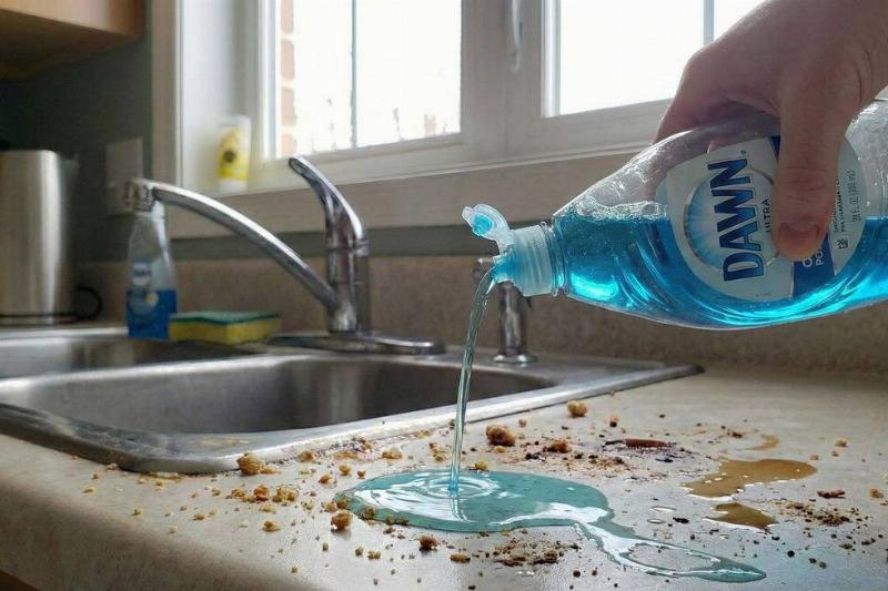 A hand pouring the dish soap cleaner on a dirty kitchen counter. 