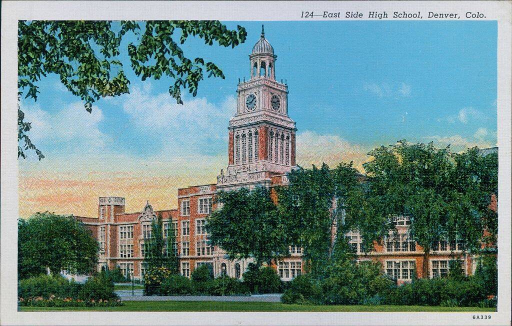 Postcard featuring an illustration of East Denver High School