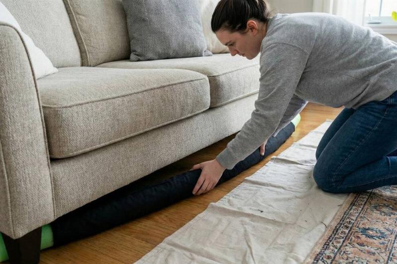 Woman putting the covered pool noodle under a couch. 