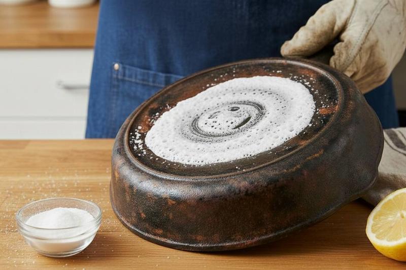 The lemon and baking soda paste sitting on the pan. 