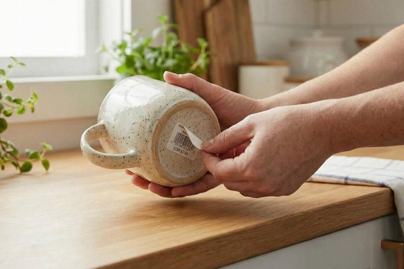 Peeling a sticker off of the bottom of a mug.