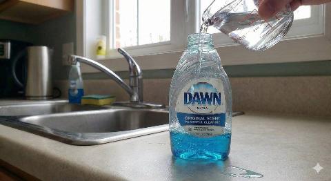 A hand pouring water into the dish soap bottle.