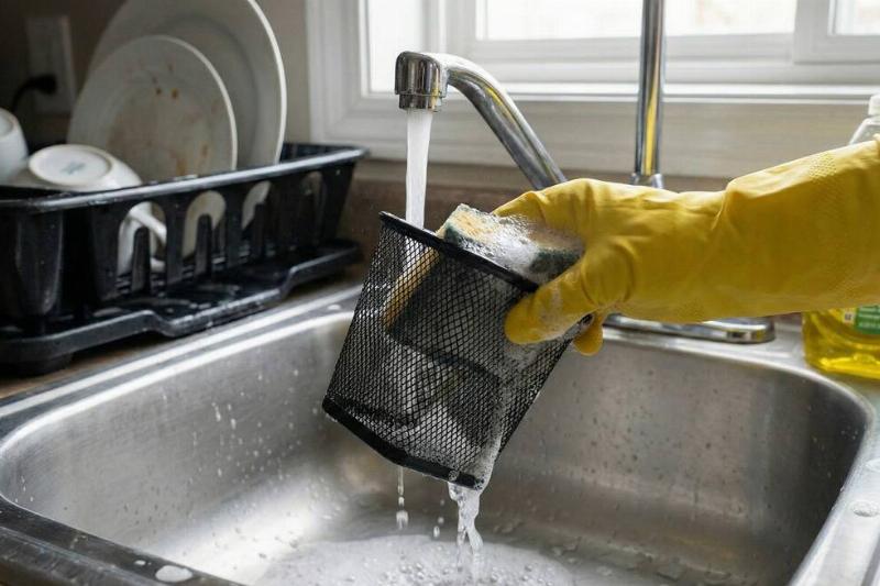 Washing a pencil holder in a sink. 