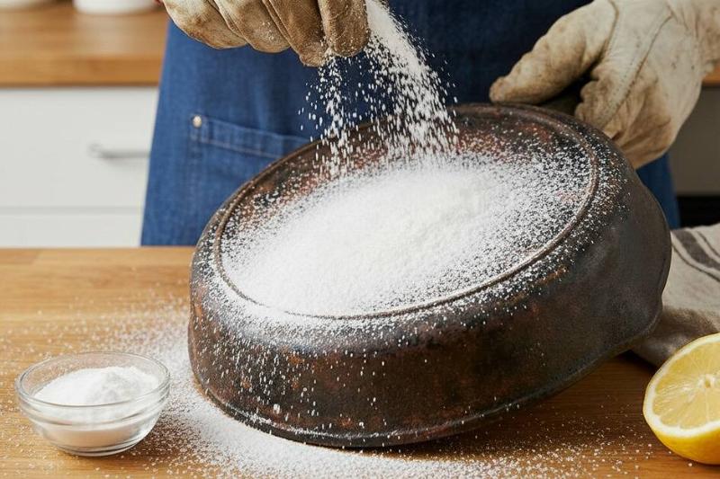 Sprinkling baking soda on a rusty pan.