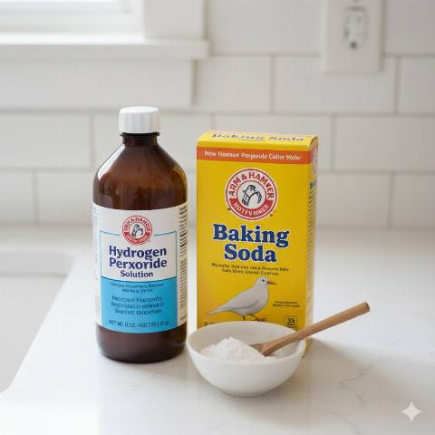 A bottle of hydrogen peroxide and a box of baking soda. 