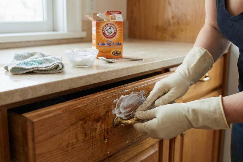 A person rubbing a baking soda paste around the handle of a drawer.