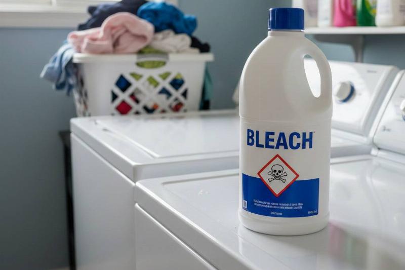 A bottle of bleach on a dryer. 