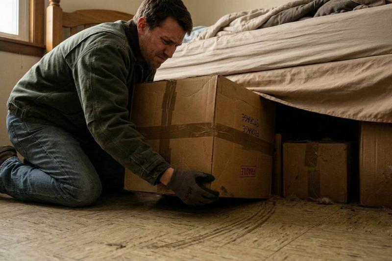 A man putting heavy boxes under a bed. 