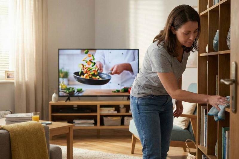 A woman cleaning her home with the TV on in the background. 