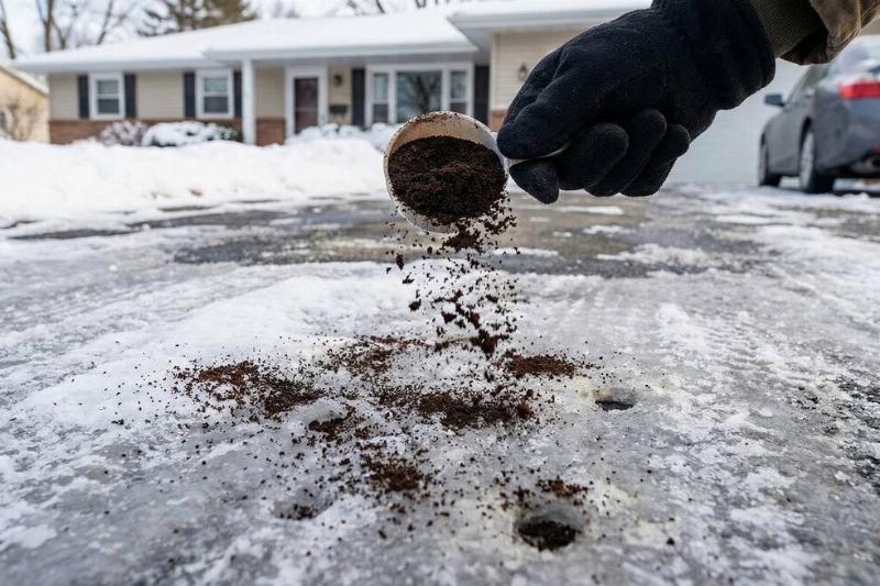 A person putting used coffee grounds on their driveway to melt ice. 