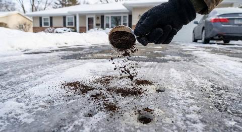 A person putting used coffee grounds on their driveway to melt ice. 