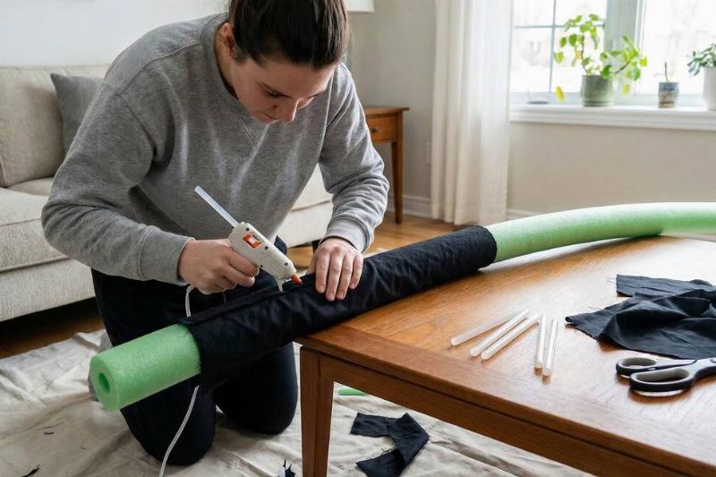 A woman covering a pool noodle with black fabric. 