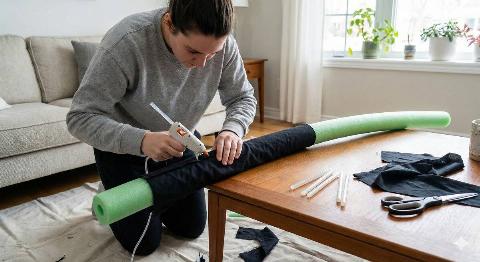 A woman covering a pool noodle with black fabric. 