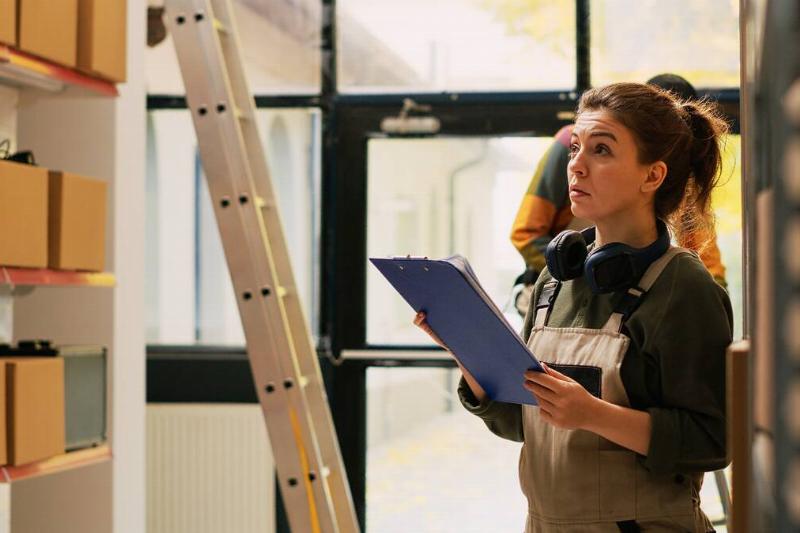 Woman looking at ladder. 