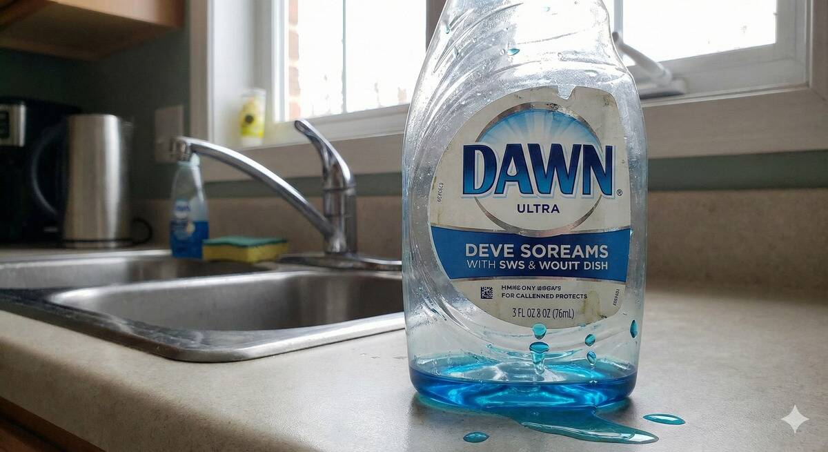 An almost empty bottle of Dawn dish soap.