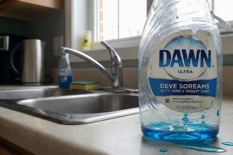 мыло для посуды Почти пустая бутылка средства для мытья посуды «Рассвет».