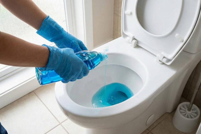 Hands pouring dish soap in toilet.