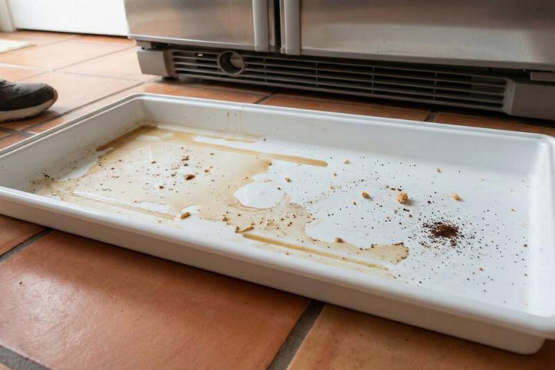 A dirty fridge drip pan that has been removed from a fridge.