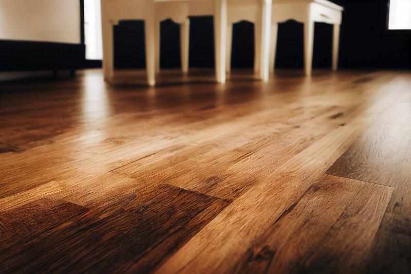 Hardwood floor with table in the background. 