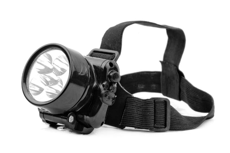 A headlamp connected to a strap. 