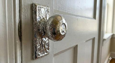 A doorknob wrapped in aluminum foil. 