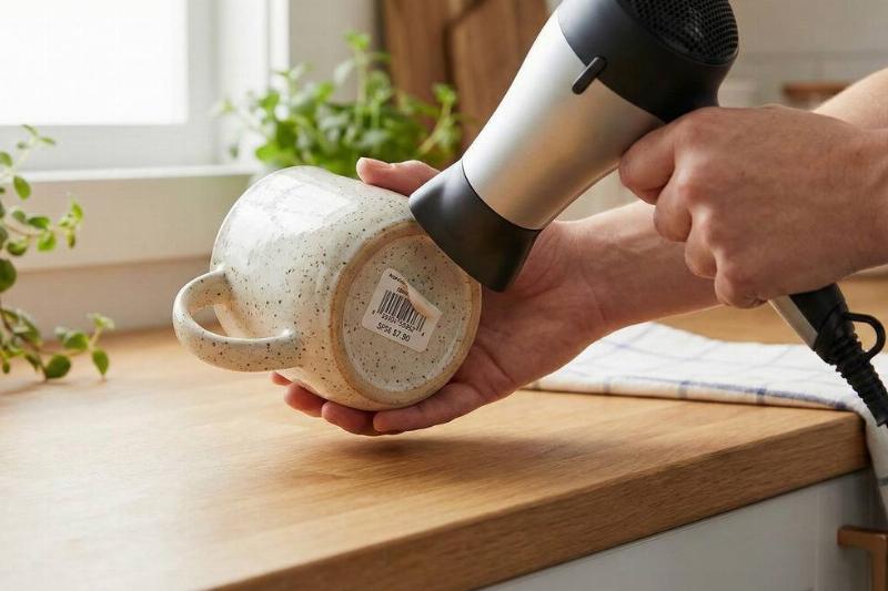Heating a sticker on the bottom of a mug with a hair dryer.
