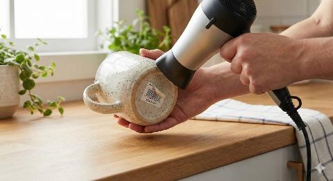 Heating a sticker on the bottom of a mug with a hair dryer.