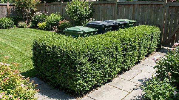 Garbage bins hidden behind a low hedge. 