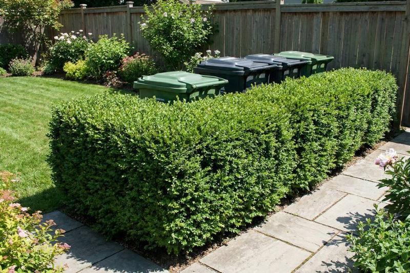 Garbage bins hidden behind a low hedge. 