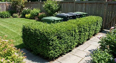 Garbage bins hidden behind a low hedge. 