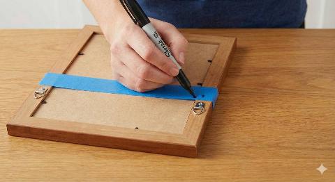 A person making markings on the tape on the back of the frame. 