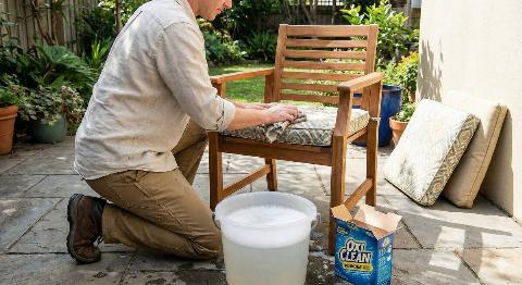 A person cleaning patio furniture with OxiClean and water.